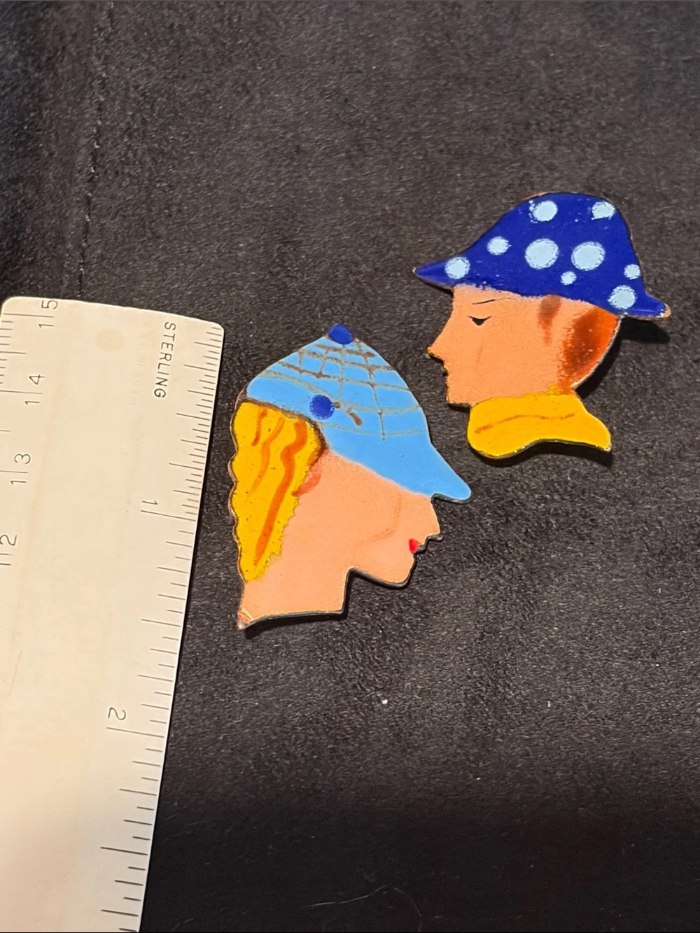 Adorable Cloisonné on Copper Blue Hat🧢 Face Pins with Playful Yellow Accents